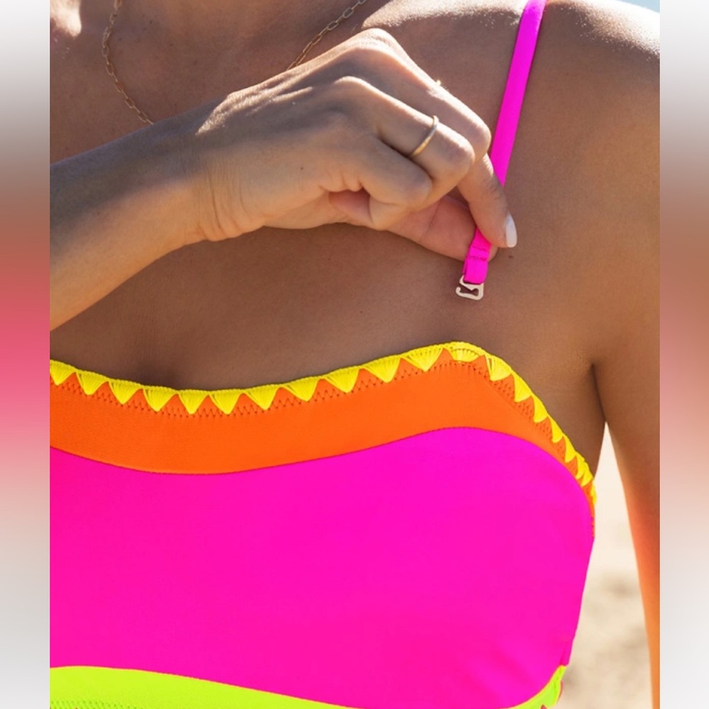 Popvil Bandeau Shell Trim Color Block Hot Pink Bikini Set